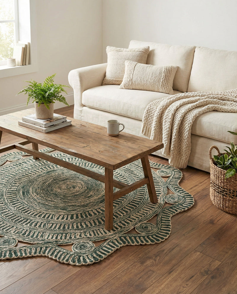 Woven Seaside Jute Collection Area Rug - Nantucket Round Green and White  lifestyle 64
