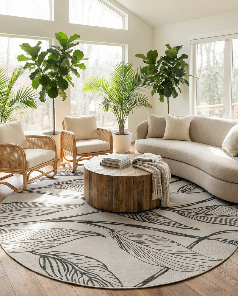 Seaside Blooms Collection Area Rug -  Evergreen (Charcoal Ivory) Round Charcoal Ivory  lifestyle 15
