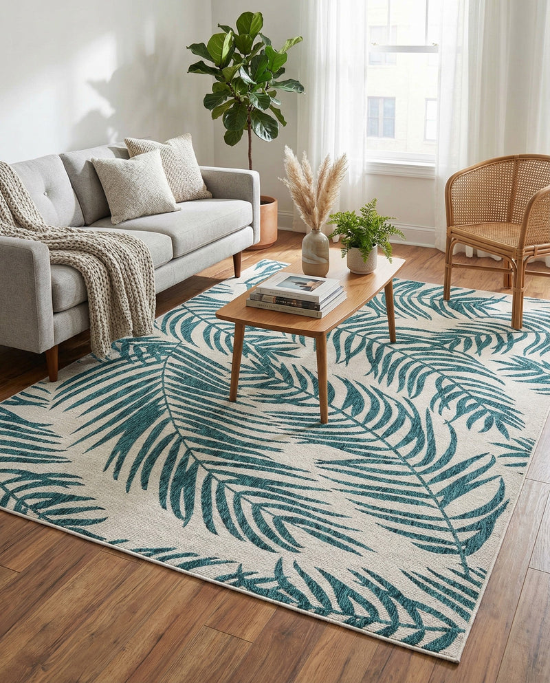 Seaside Blooms Collection Area Rug - Verdure (Teal Ivory) Rectangle Teal Ivory  lifestyle 18