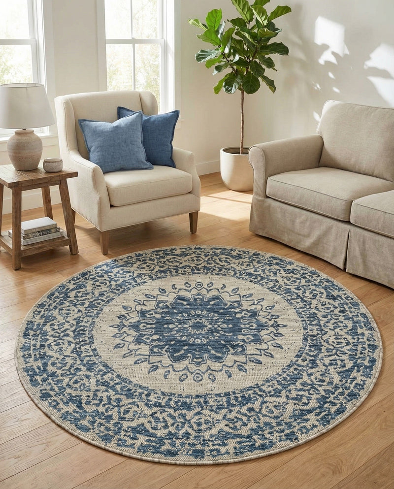 Patio Heritage Collection Area Rug -  Lafayette (Blue) Round Blue  lifestyle 50