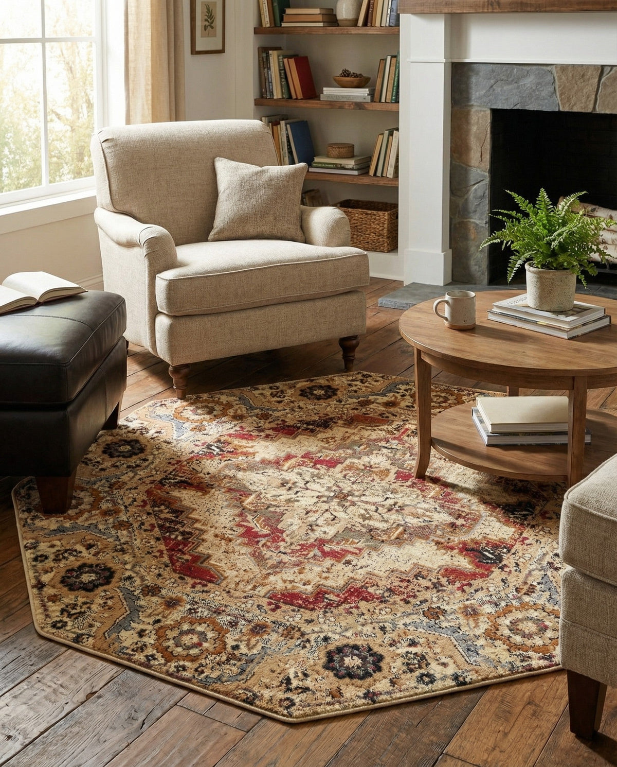 Neptune Elegance Collection Area Rug -  Naiad Octagon Burgundy Beige  lifestyle 53
