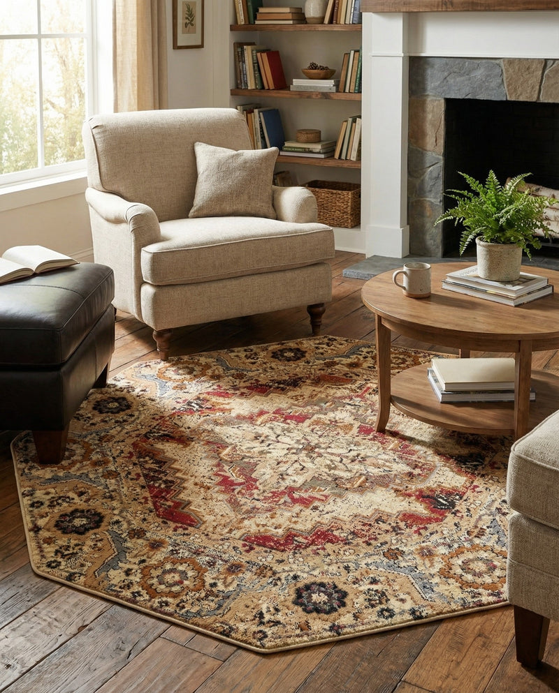 Neptune Elegance Collection Area Rug -  Naiad Octagon Burgundy Beige  lifestyle 53