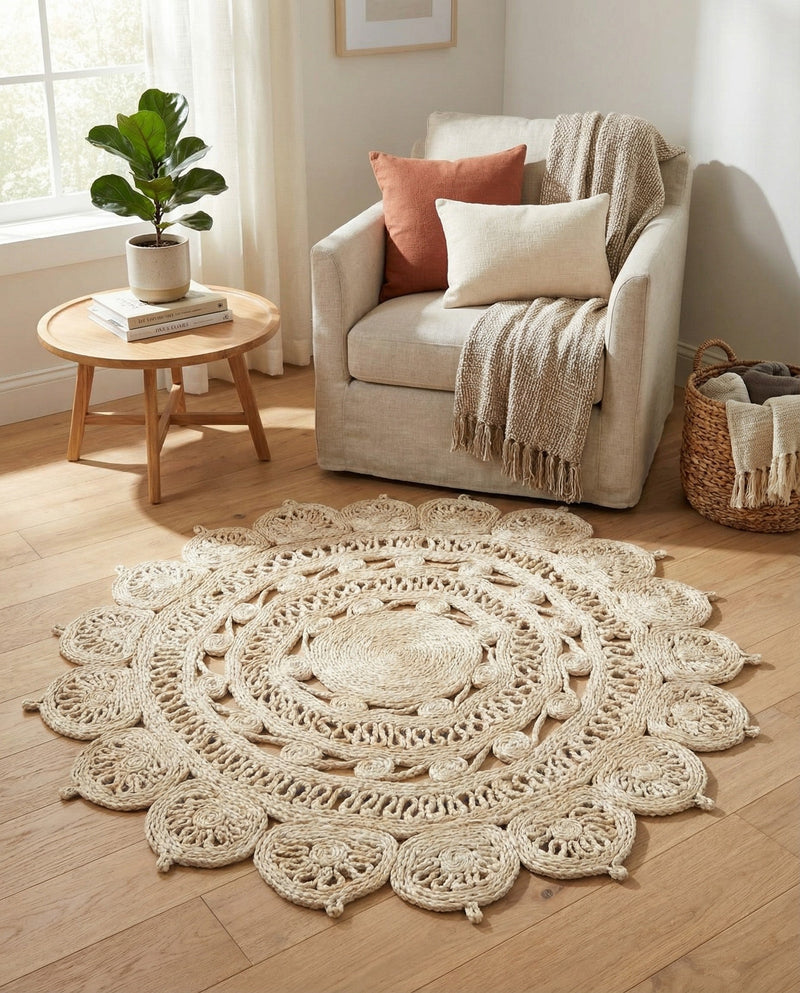 Woven Seaside Jute Collection Area Rug - Coastalhaven (Ivory) Round Ivory  lifestyle 22