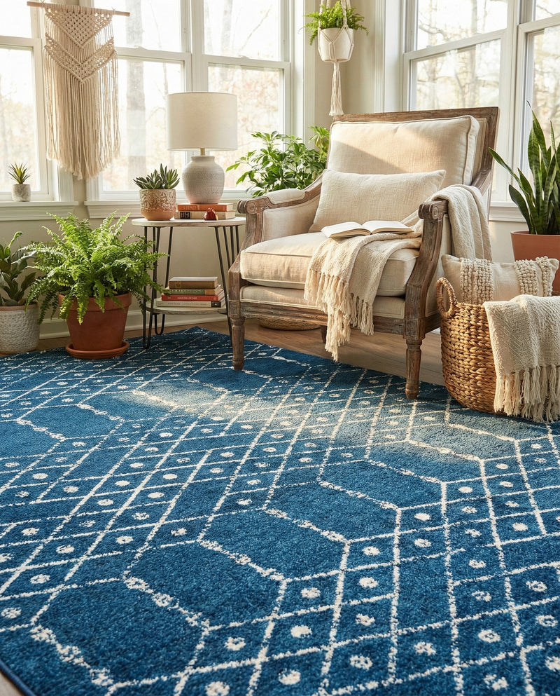 Marrakesh Lattice Collection Area Rug - Casablanca (Navy Blue) Rectangle Navy Blue  lifestyle 10