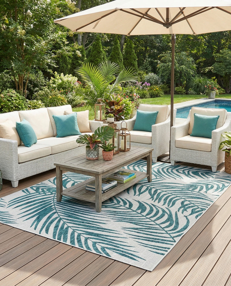 Seaside Blooms Collection Area Rug - Verdure (Teal Ivory) Rectangle Teal Ivory  lifestyle 17