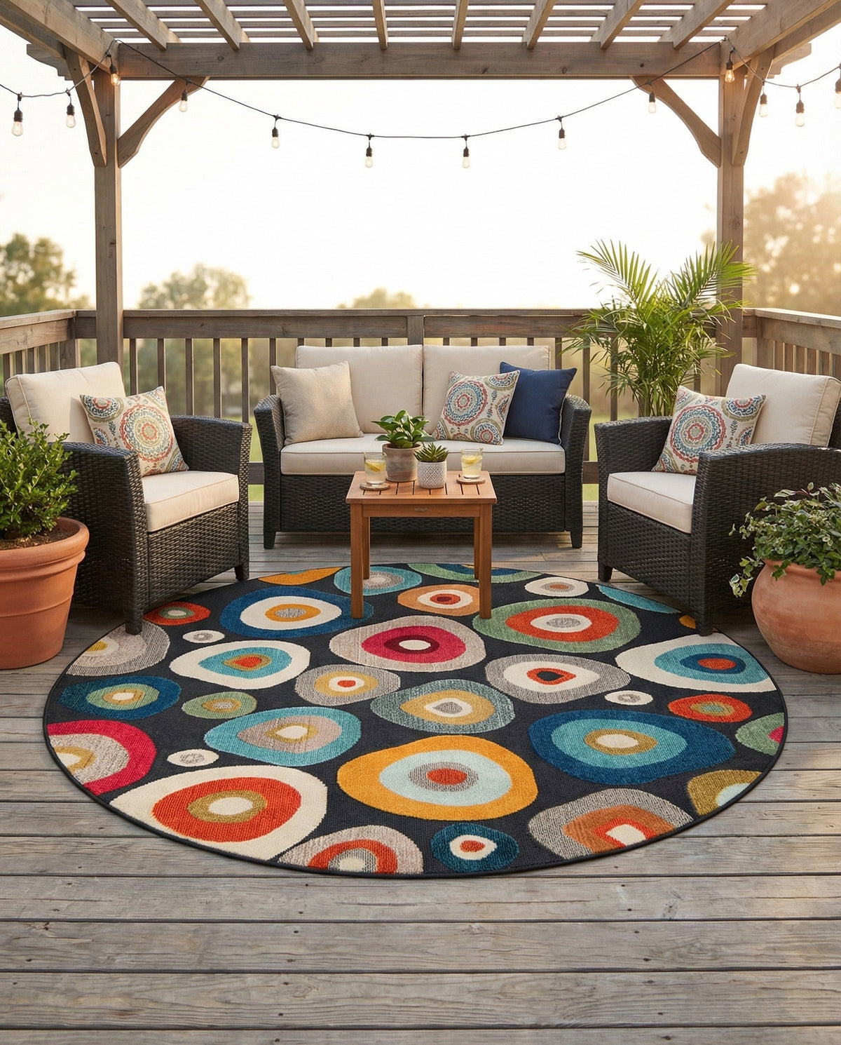 Outdoor Marrakesh Collection Area Rug -  Chefchaouen Round Multi Black  lifestyle 126