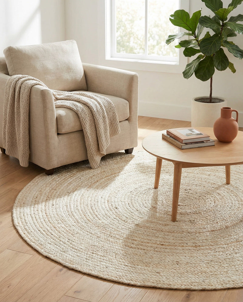 Woven Seaside Jute Collection Area Rug - Savannah (White) Round White  lifestyle 49
