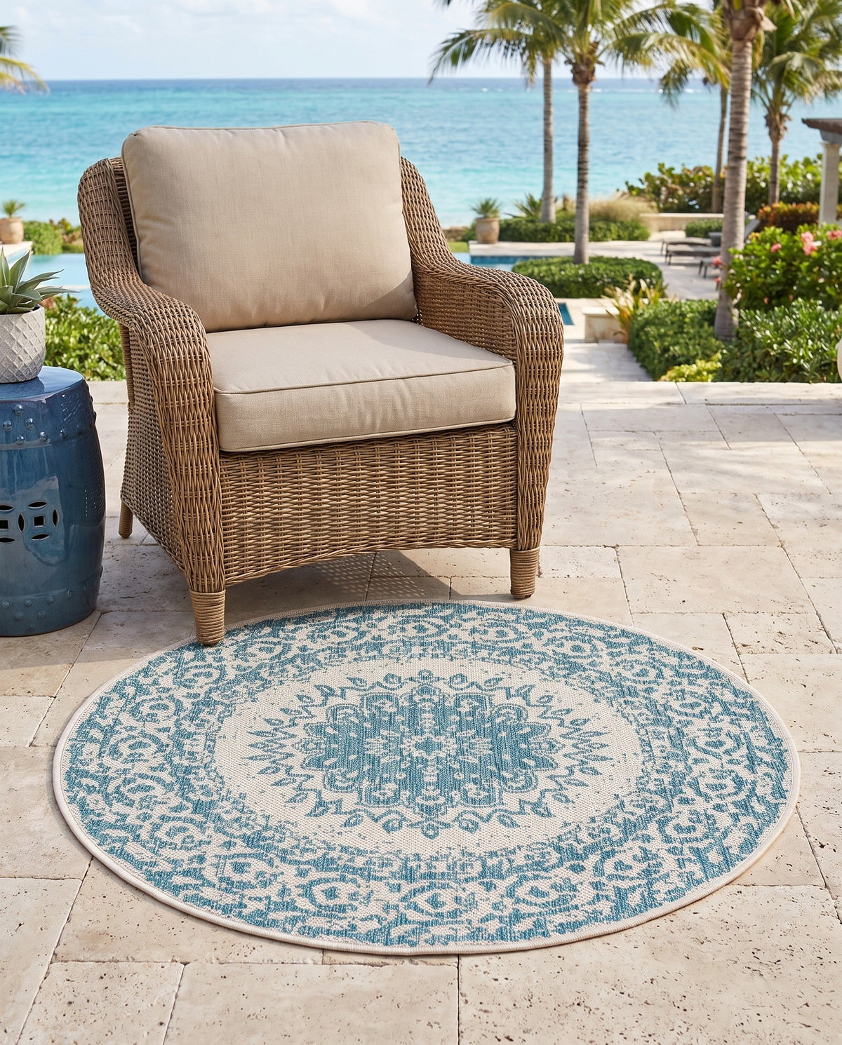 Patio Heritage Collection Area Rug -  Lafayette (Aqua) Round Aqua  lifestyle 93