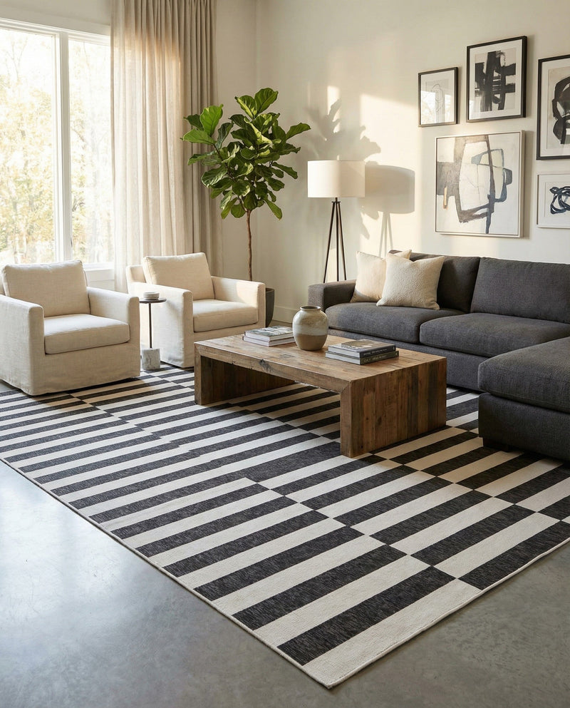 Seaside Stripes Collection Area Rug - Cabana (Charcoal) Square Charcoal  lifestyle 43