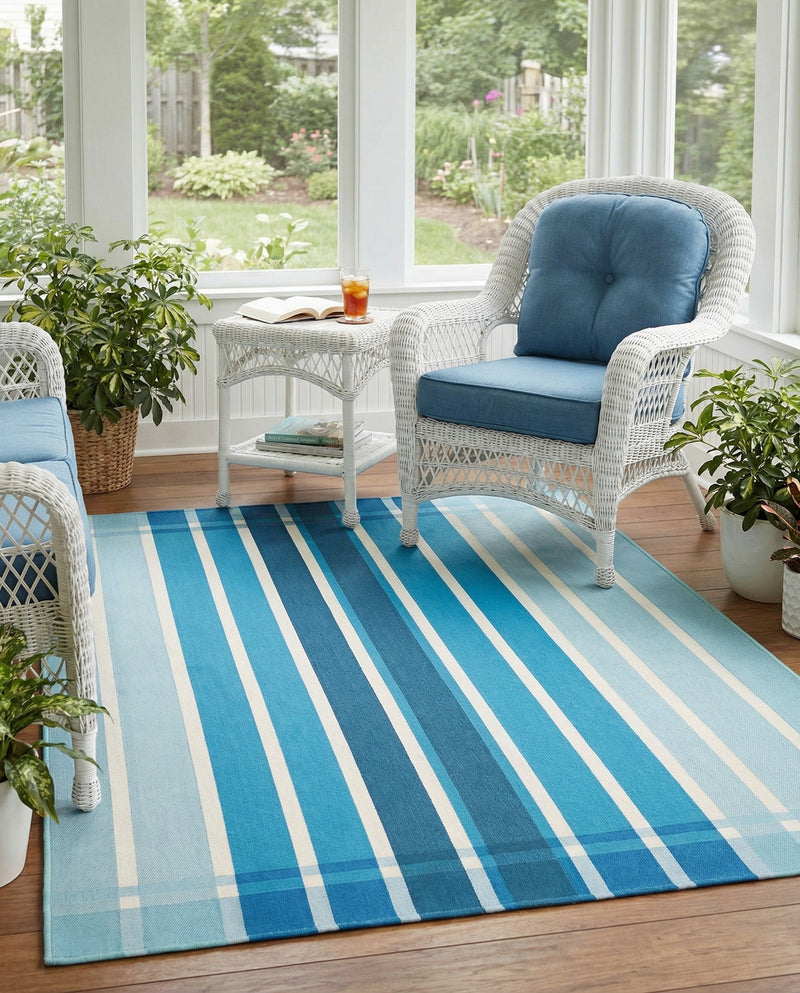 Seaside Stripes Collection Area Rug -  Coral Rectangle Blue  lifestyle 14