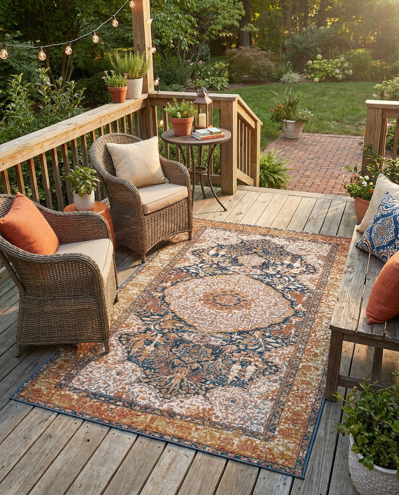 Patio Heritage Collection Area Rug -  Courtyard Rectangle Navy Blue and Light Pink  lifestyle 7