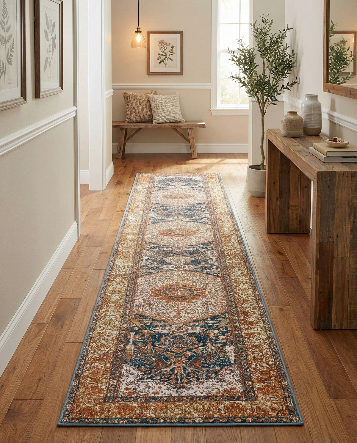 Patio Heritage Collection Area Rug -  Courtyard Runner Navy Blue and Light Pink  lifestyle 71
