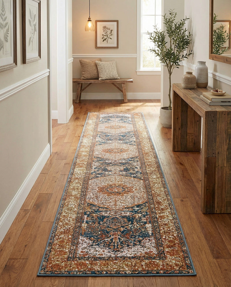 Patio Heritage Collection Area Rug -  Courtyard Runner Navy Blue and Light Pink  lifestyle 71