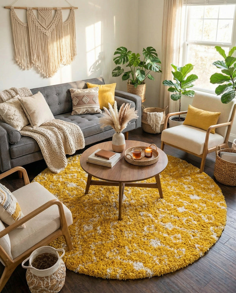 Berber Lattice Shag Collection Area Rug - Atlas (Yellow) Round Yellow  lifestyle 26