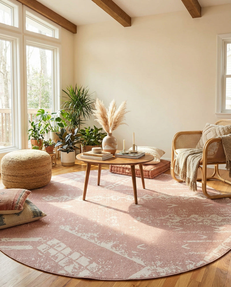 Desert Nomad Terrace Collection Area Rug - Sahara (Pink) Round Pink  lifestyle 15