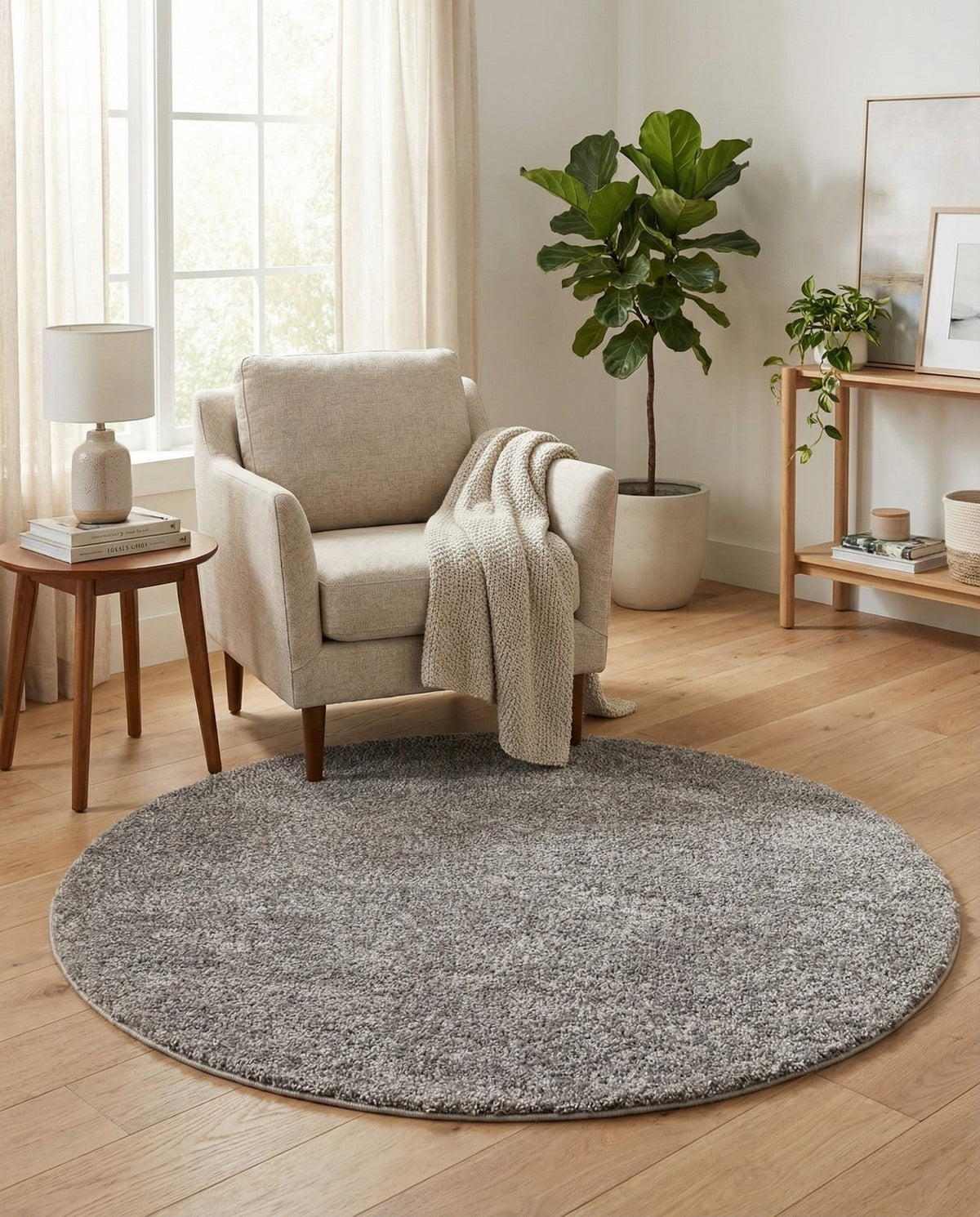 Solid Shag Seaside Collection Area Rug - Azure Cove (Gray) Round Gray  lifestyle 80