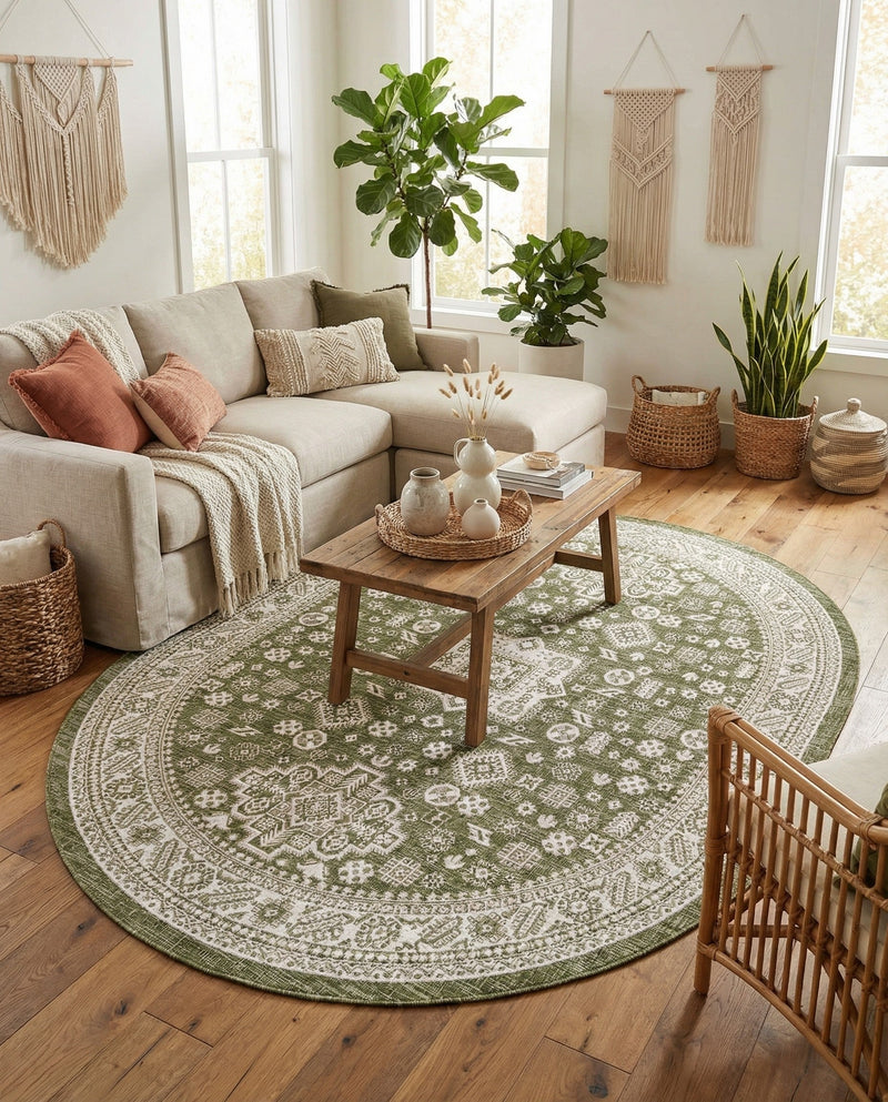 Tribal Terrace Treasures Collection Area Rug -  Incan Isle (Green) Oval Green  lifestyle 46