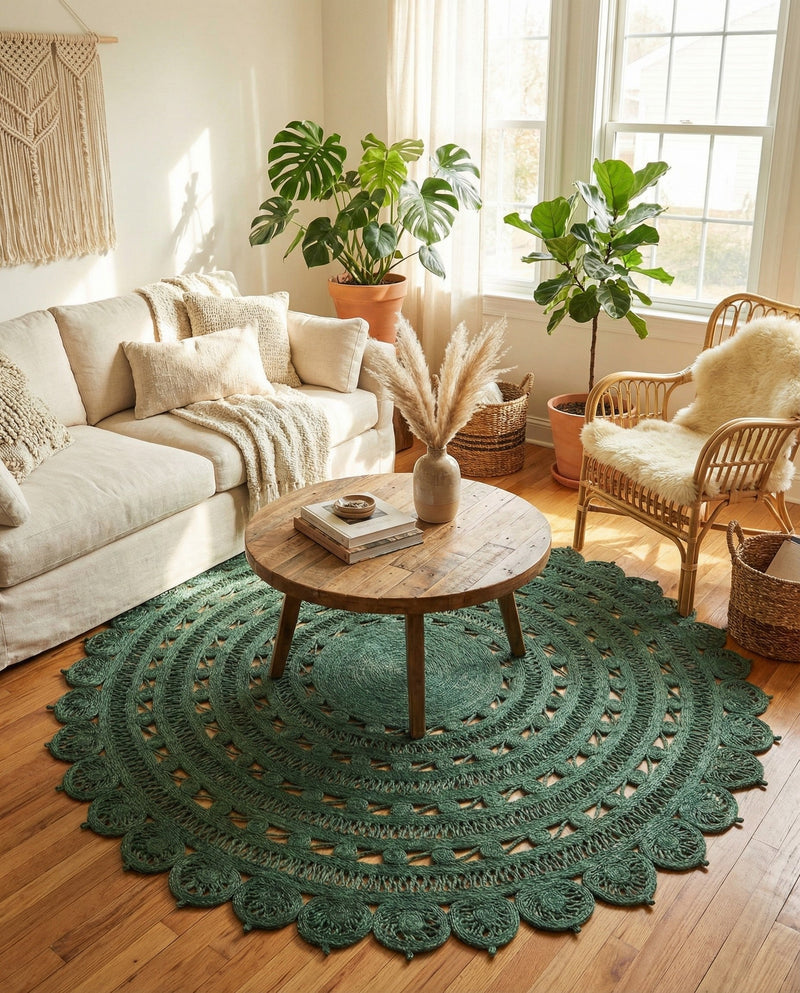 Woven Seaside Jute Collection Area Rug - Coastalhaven (Hunter Green) Round Hunter Green  lifestyle 33