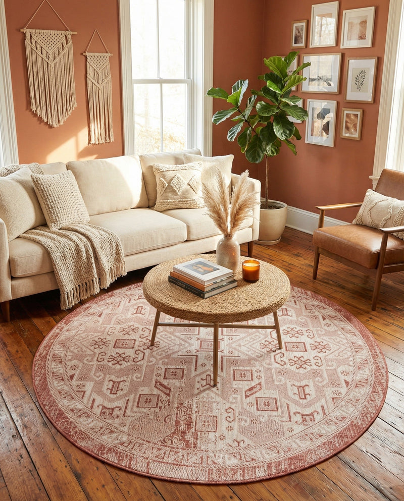Tribal Terrace Treasures Collection Area Rug - Mayan Marina (Rust Red) Round Rust Red  lifestyle 77