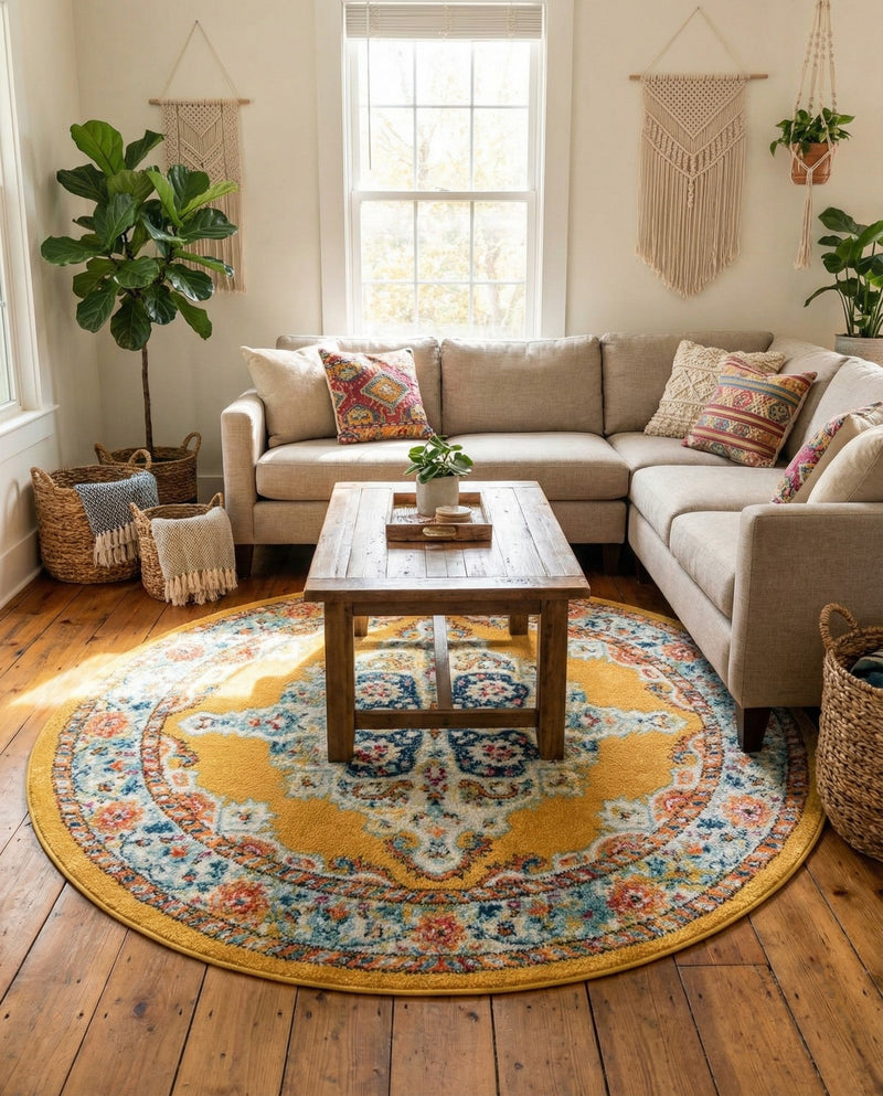 Beverly Grove Collection Area Rug -  Fairfax (Yellow) Round Yellow  lifestyle 68