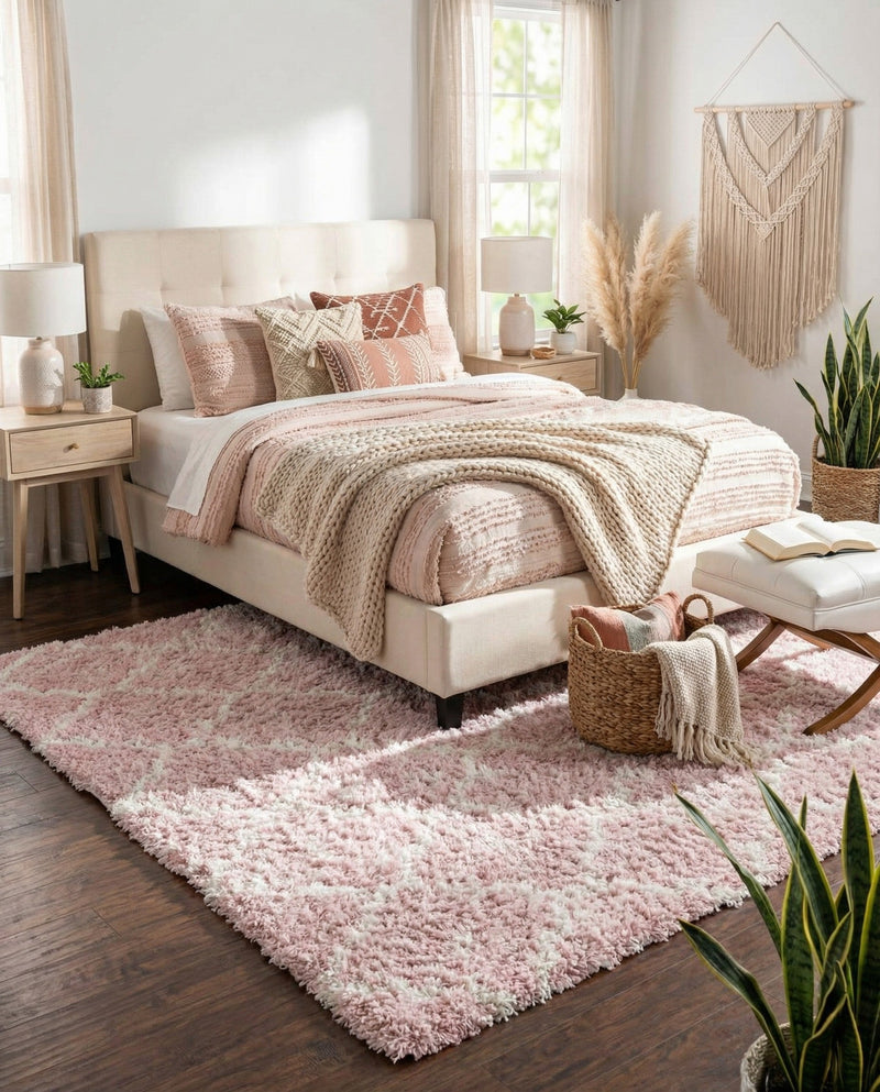 Berber Lattice Shag Collection Area Rug - Atlas (Light Pink) Rectangle Light Pink  lifestyle 3