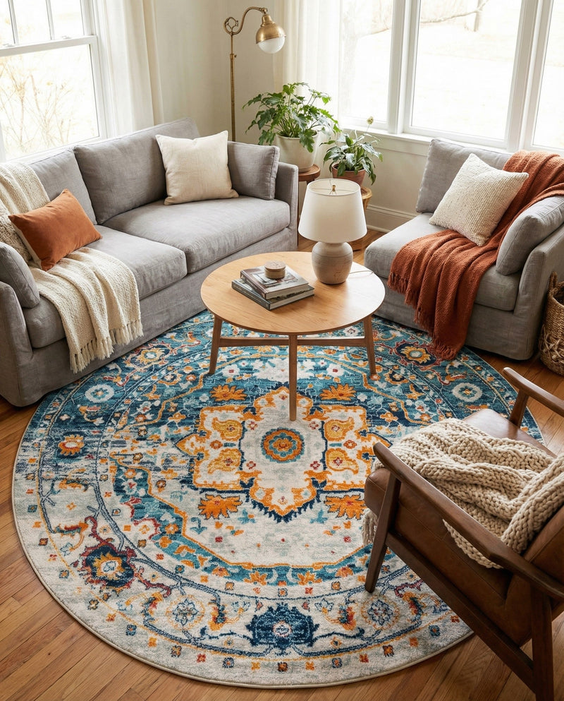 Parisian Elegance Collection Area Rug - Versailles (Teal) Round Teal  lifestyle 70