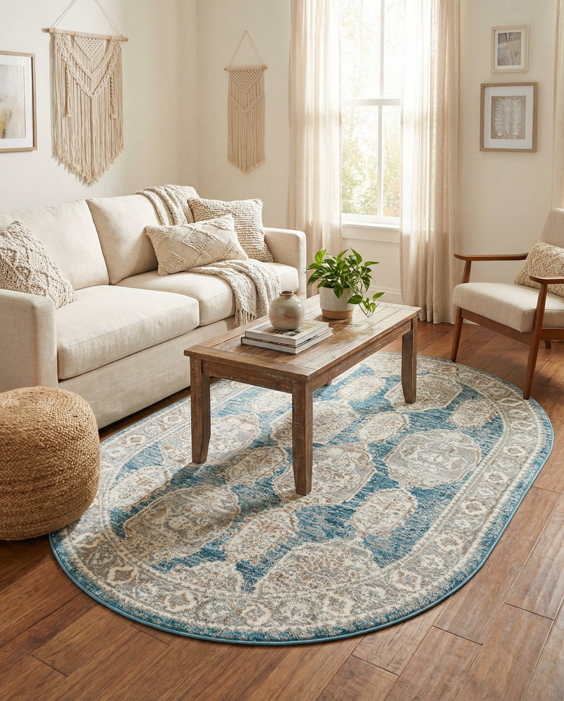 Seville Stripes Collection Area Rug -  Granada (Blue) Oval Blue  lifestyle 50