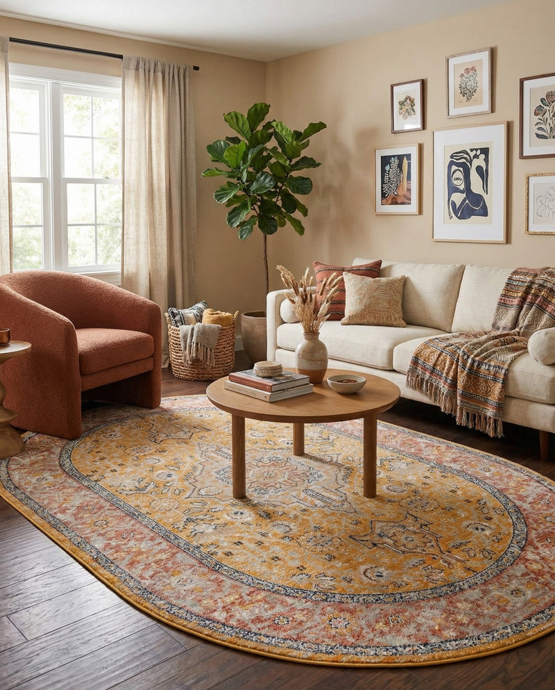 Seville Stripes Collection Area Rug - Cadiz (Yellow) Oval Yellow  lifestyle 59