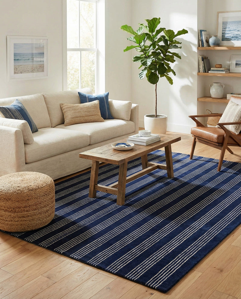 Hampton Stripes Wool Collection Area Rug - Montauk Rectangle Cobalt Blue  lifestyle 21