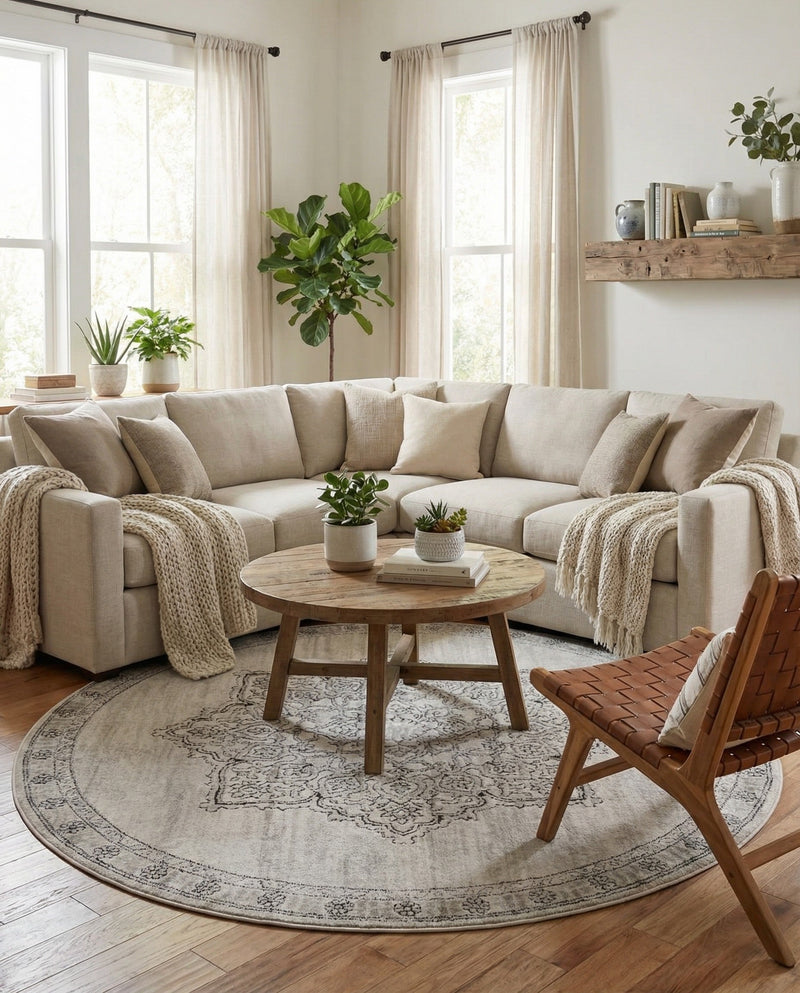 Mykonos Manor Collection Area Rug -  Tinos (Ivory) Round Ivory  lifestyle 63