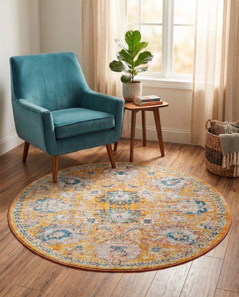 Seville Stripes Collection Area Rug -  Cordoba (Yellow) Round Yellow  lifestyle 75