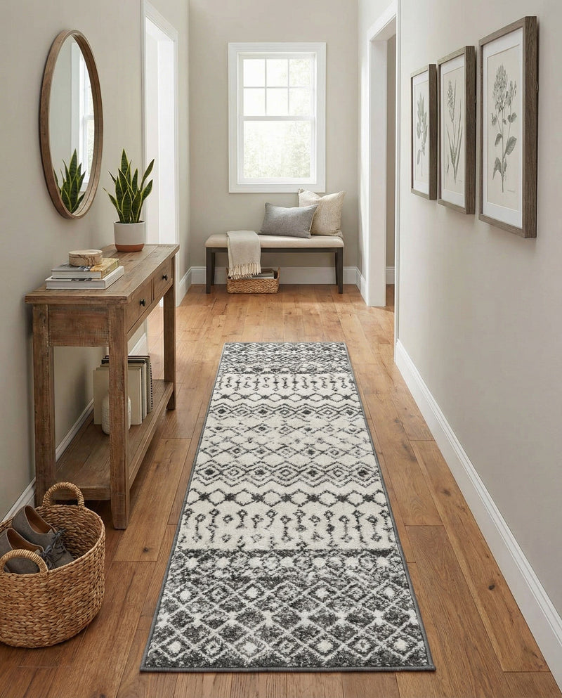 Mediterranean Lattice Collection Area Rug -  Casablanca (Ivory and Gray) Runner Ivory and Gray  lifestyle 75