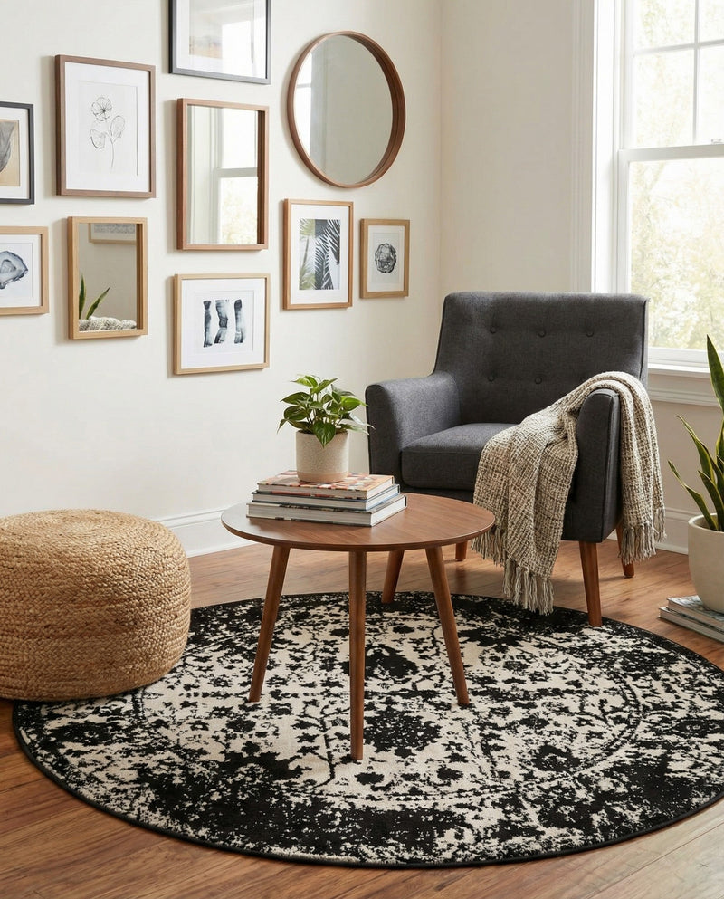 Cascade Range Collection Area Rug -  Shasta (Black and White) Round Black and White  lifestyle 70