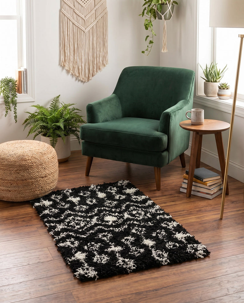 Berber Lattice Shag Collection Area Rug - Atlas (Black and White) Rectangle Black and White  lifestyle 7