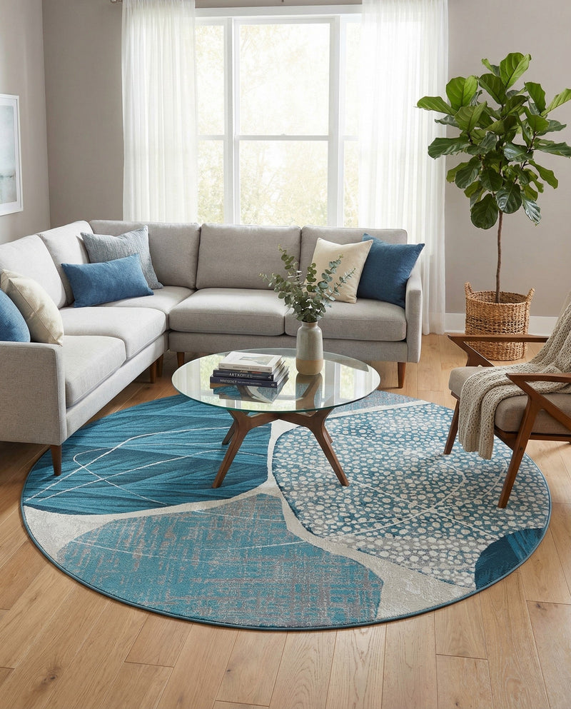 Urban Terrace Collection Area Rug -  Courtyard Round Blue and Ivory  lifestyle 67