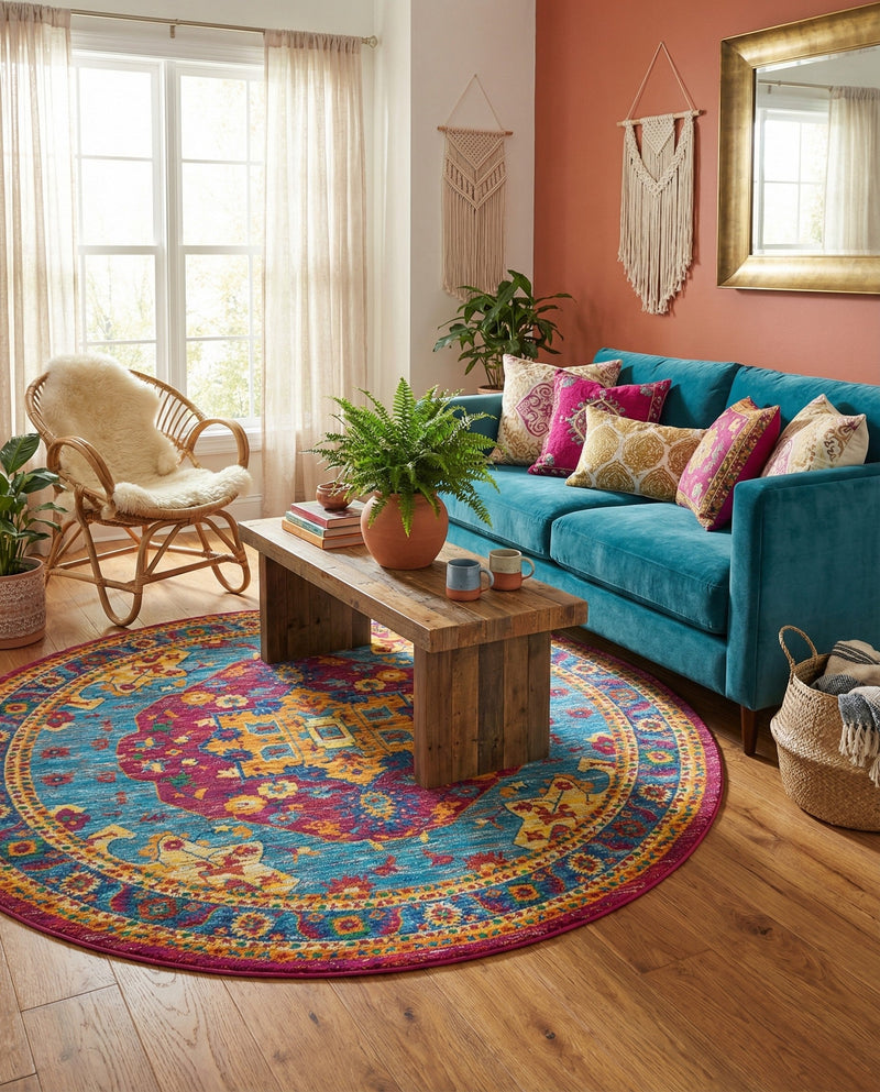 Caribbean Cove Collection Area Rug -  Canouan Round Pink Blue  lifestyle 25