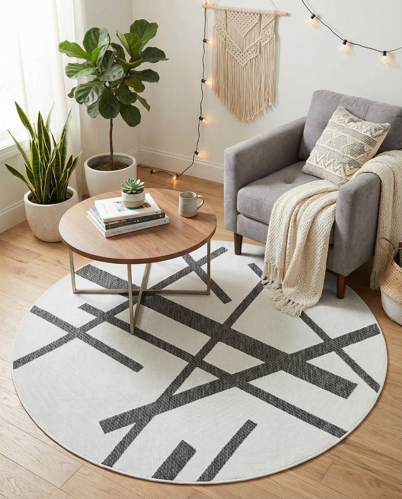 Urban Terrace Collection Area Rug -  Bowery Round Black and White  lifestyle 42