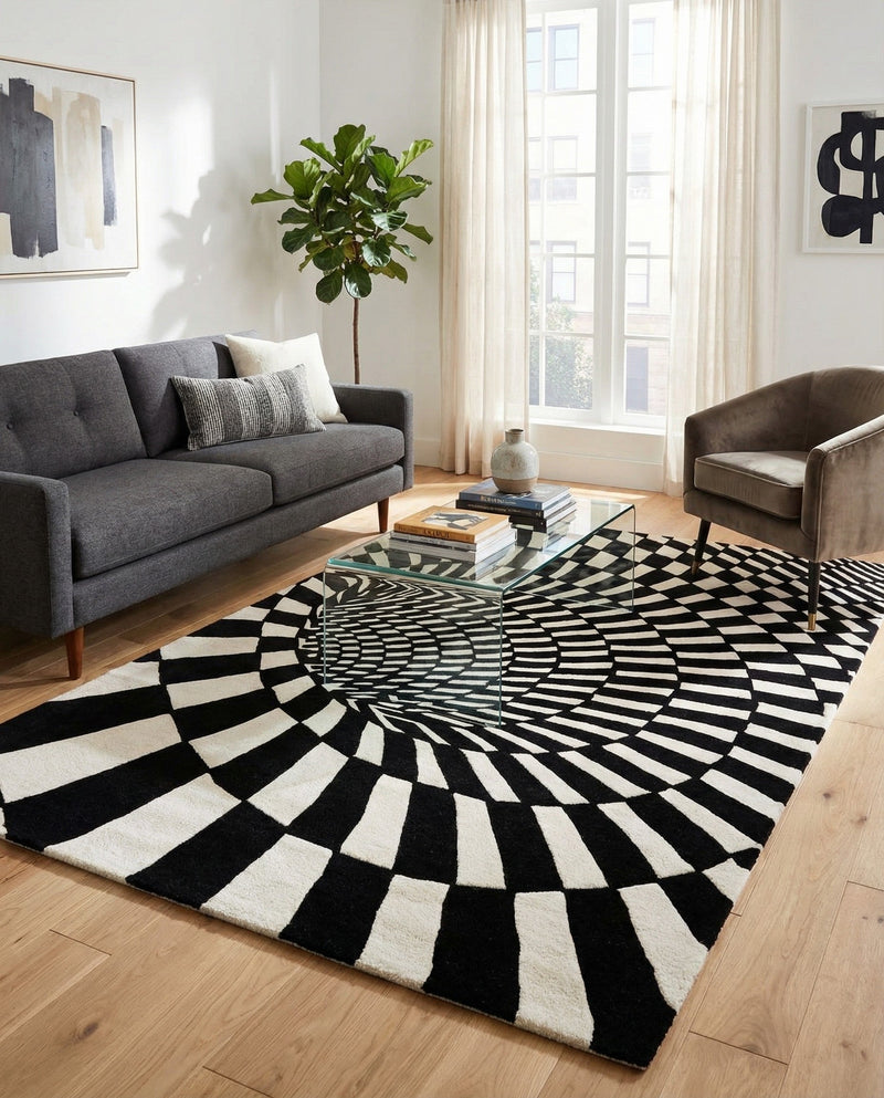 Cyclone Wool Collection Area Rug - Tornado Rectangle Black and White  lifestyle 5