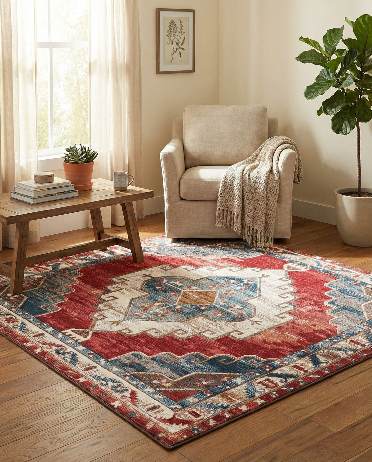 Patio Heritage Collection Area Rug -  Alcove Square Red and Navy Blue  lifestyle 85