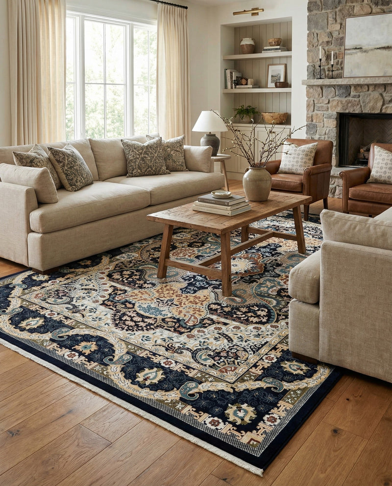 Persian Elegance Collection Area Rug -  Shiraz Rectangle Navy Blue  lifestyle 30