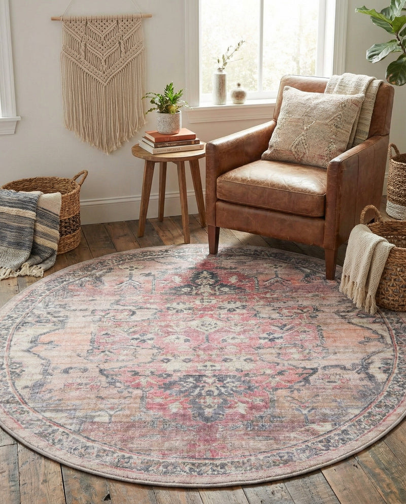 Vintage Memories Collection Area Rug - Echoes Round Beige pink  lifestyle 72