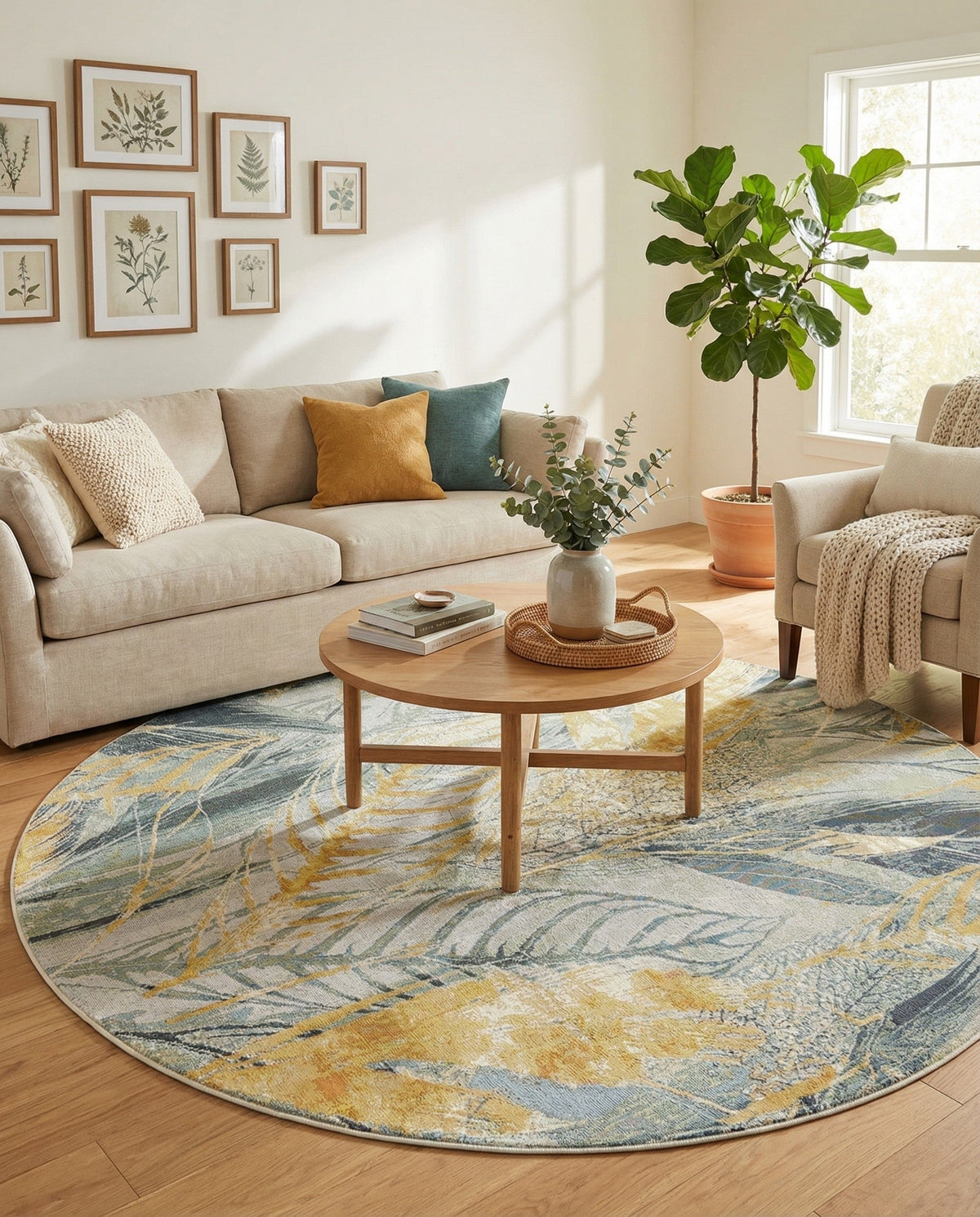 Seaside Blooms Collection Area Rug -  Blossom Round Gray Ivory Yellow  lifestyle 90
