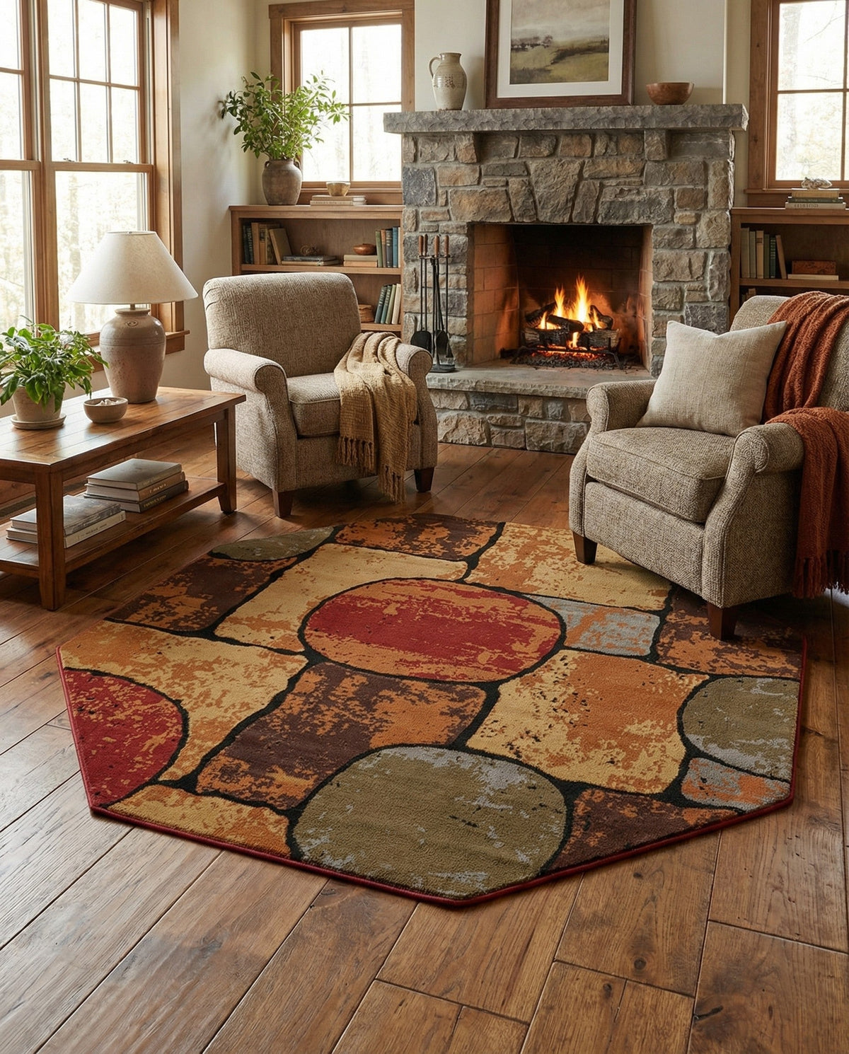 Bistro Lounge Collection Area Rug -  Cappuccino Octagon Multi  lifestyle 85