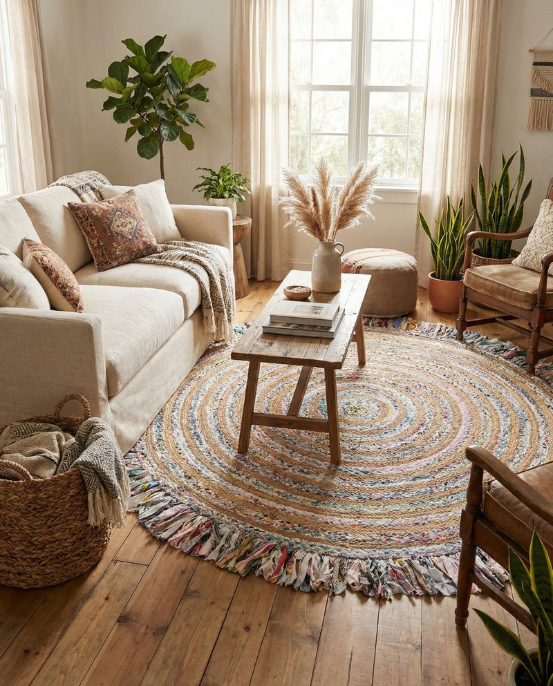 Osian Looms Collection Area Rug - Kathmandu Round Multi White  lifestyle 29