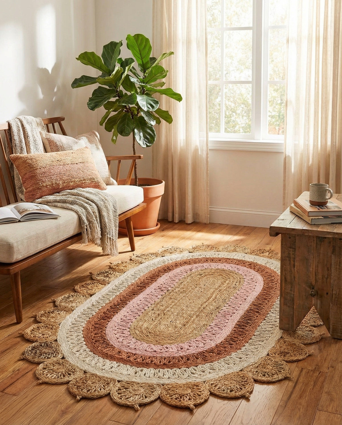 Woven Seaside Jute Collection Area Rug - Coastalhaven (Natural White Orange Pink) Oval Natural White Orange Pink  lifestyle 27