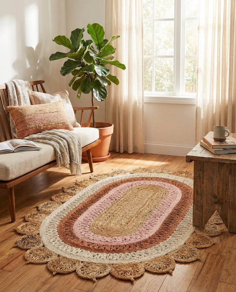 Woven Seaside Jute Collection Area Rug - Coastalhaven (Natural White Orange Pink) Oval Natural White Orange Pink  lifestyle 27