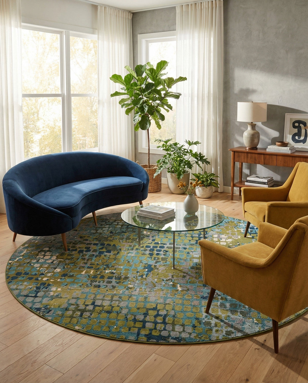 Chromatic Oasis Collection Area Rug -  Tropic Round Blue Green  lifestyle 115