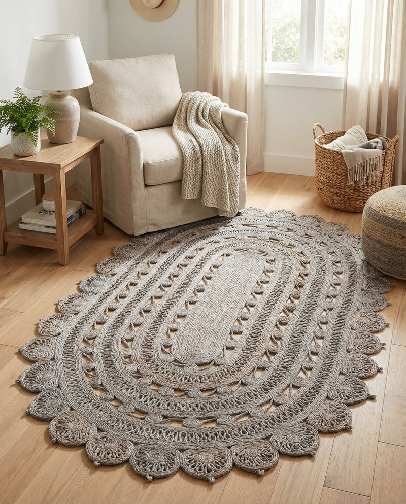 Woven Seaside Jute Collection Area Rug - Coastalhaven (Gray) Oval Gray  lifestyle 31
