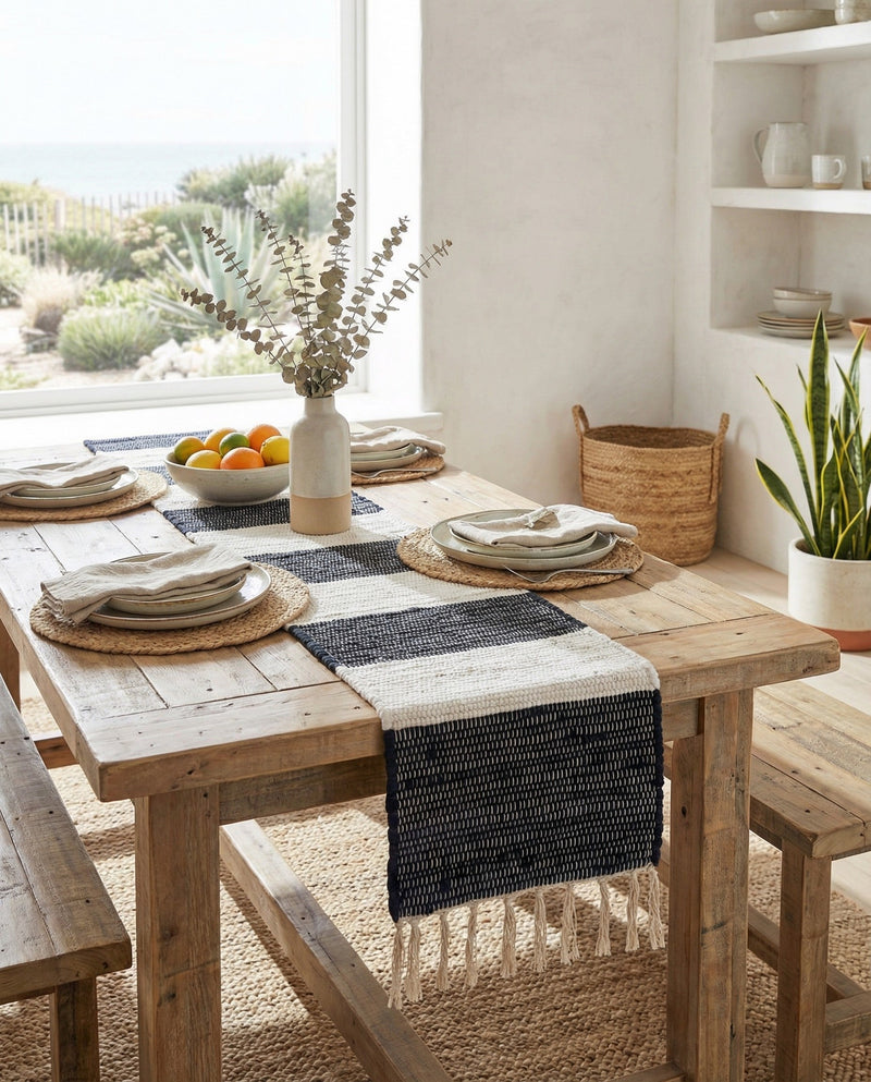 Tassel Trail Collection Area Rug - Pathway (Navy Blue) Table Runner Navy Blue  lifestyle 89