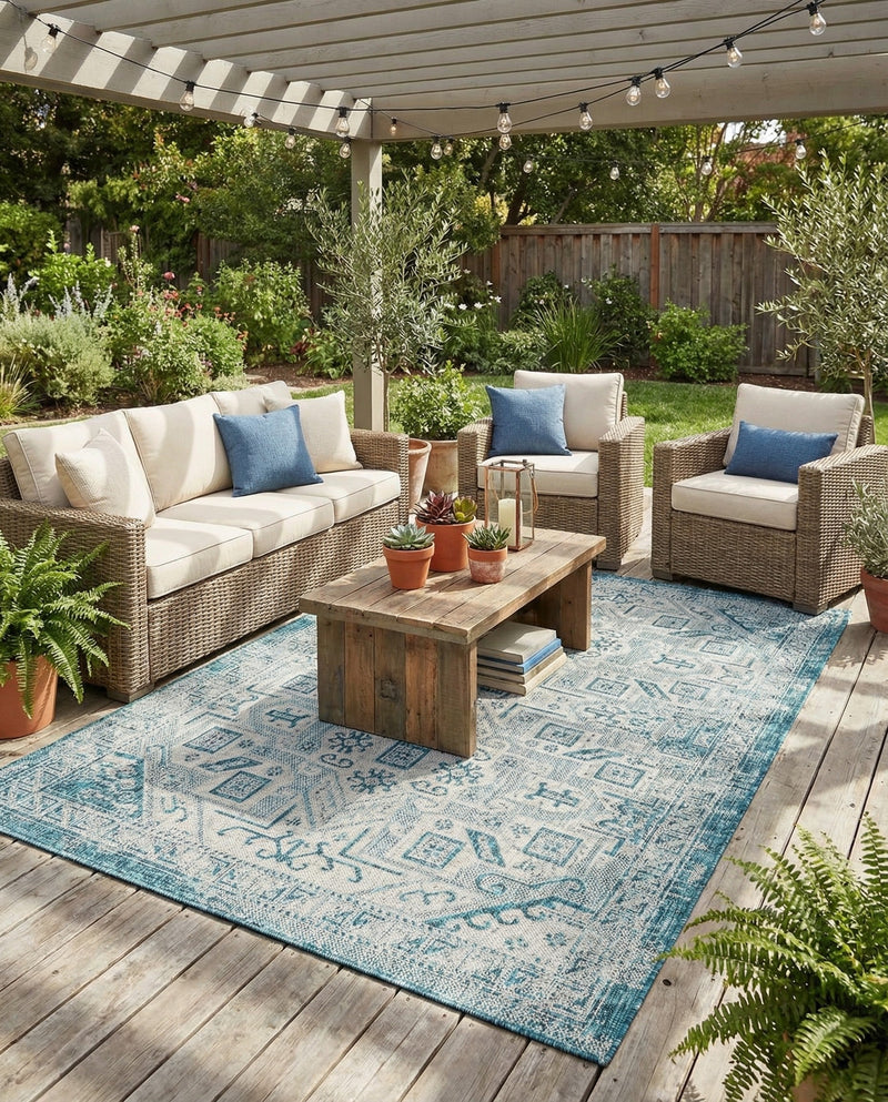 Tribal Terrace Treasures Collection Area Rug - Mayan Marina (Teal) Rectangle Teal  lifestyle 12